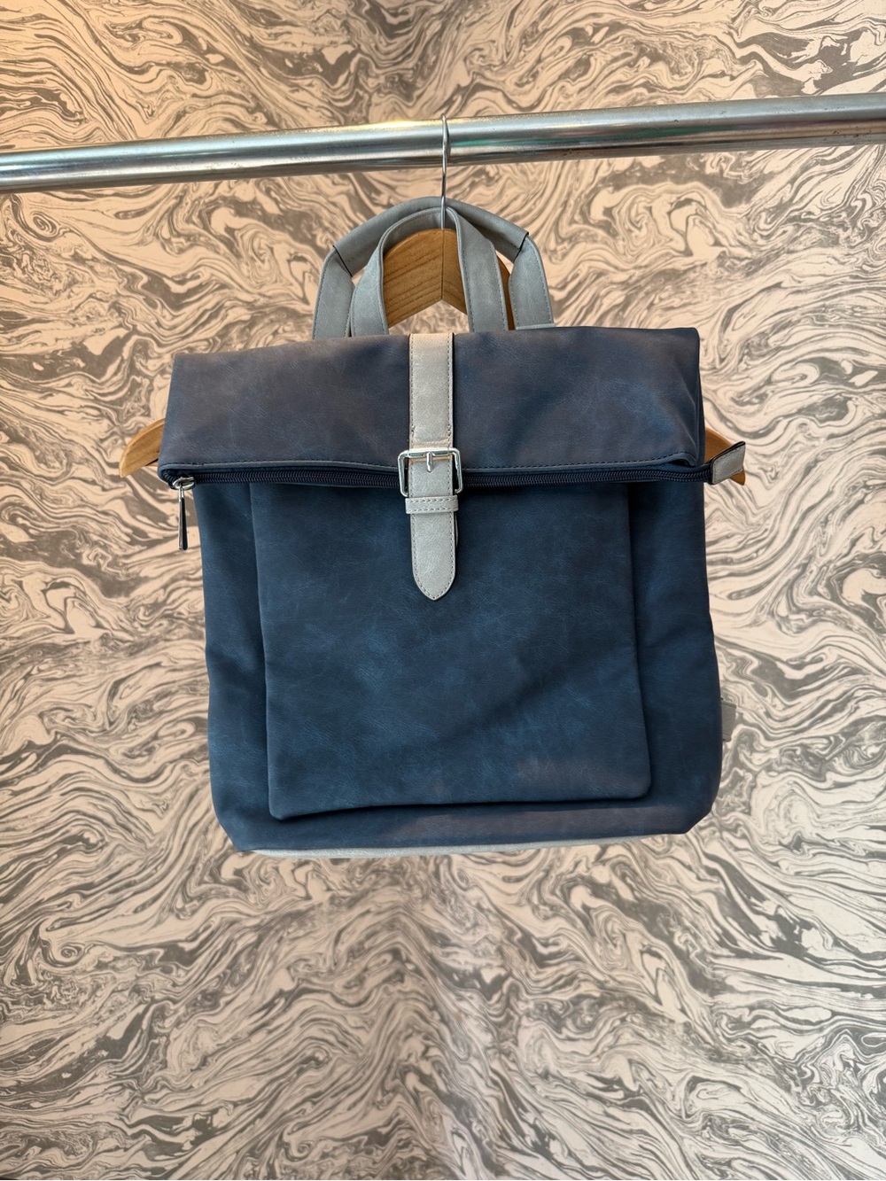 Suede Navy Roll-Top Backpack with Gray Strap
